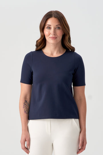 women's short sleeve navy blue top