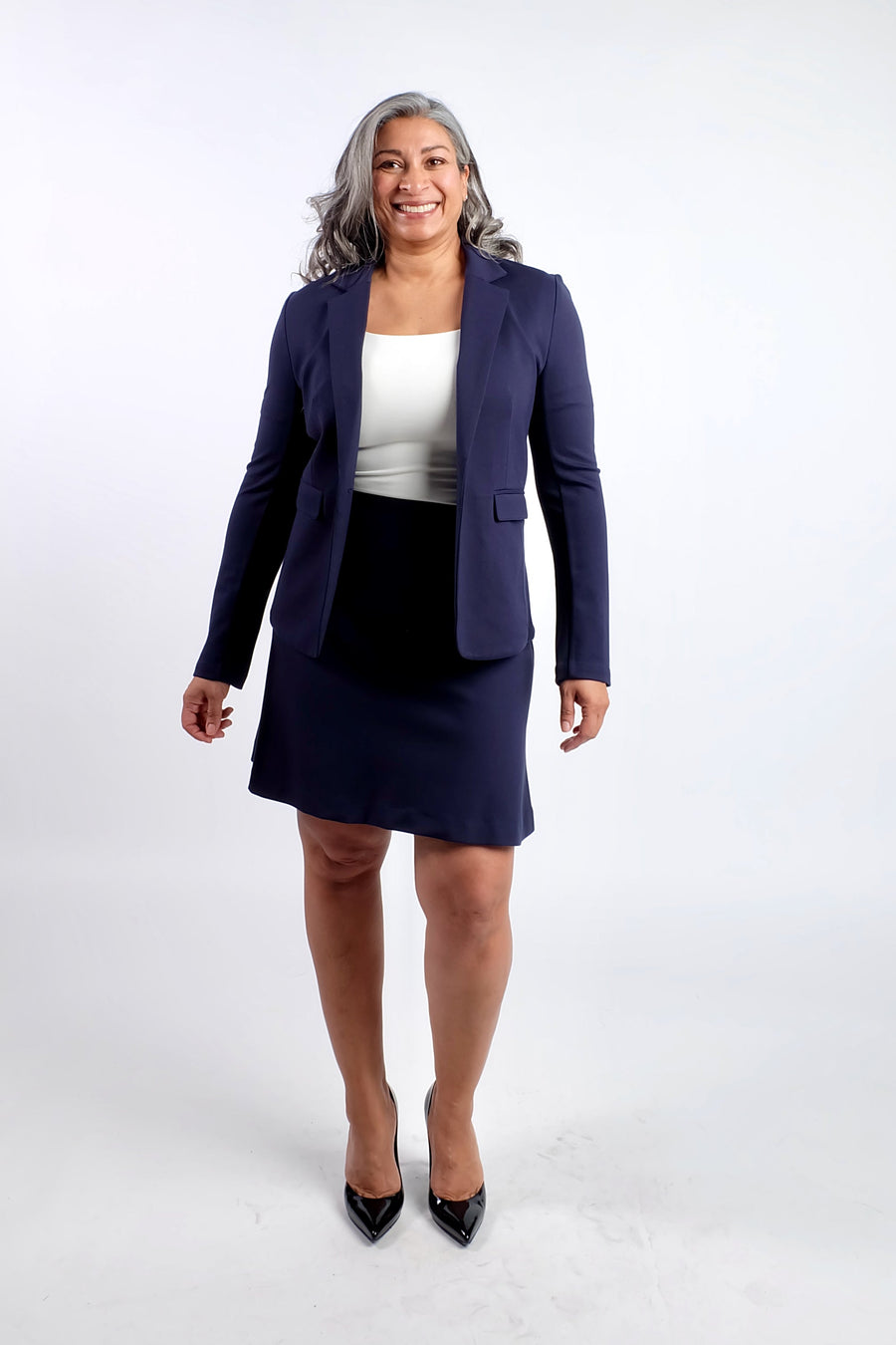 woman wearing navy blue work outfit