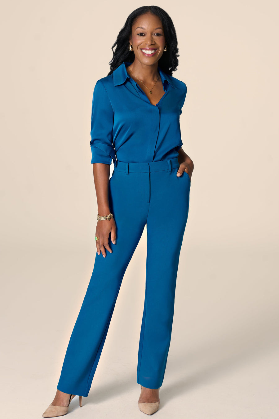 The Grace Silk Long Sleeve Blouse Peacock Blue