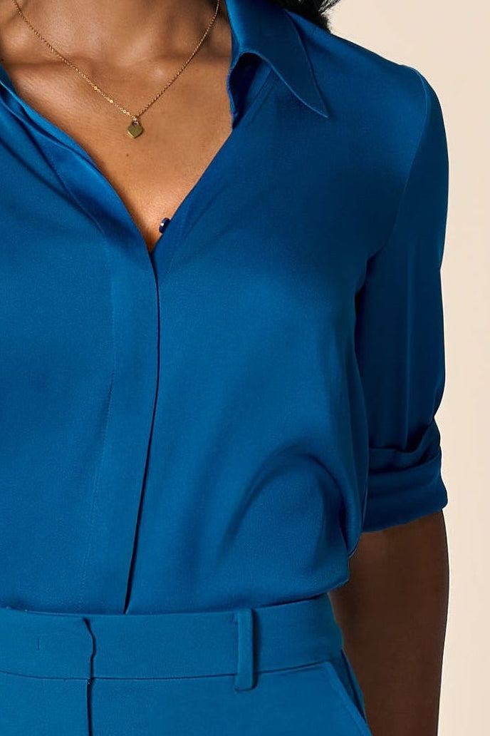 The Grace Silk Long Sleeve Blouse Peacock Blue