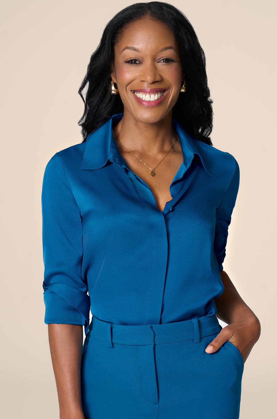 The Grace Silk Long Sleeve Blouse Peacock Blue