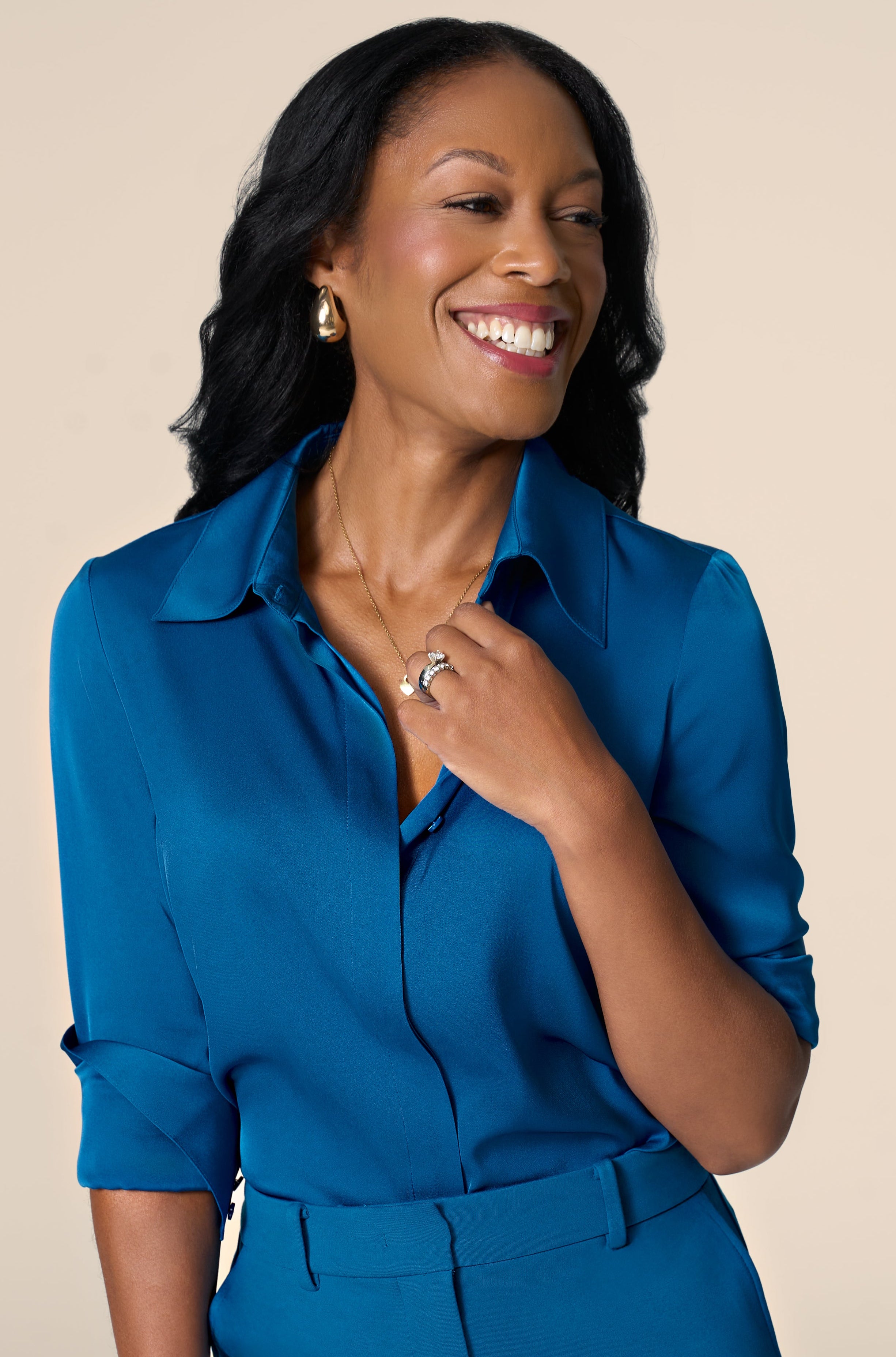 The Grace Silk Long Sleeve Blouse Peacock Blue