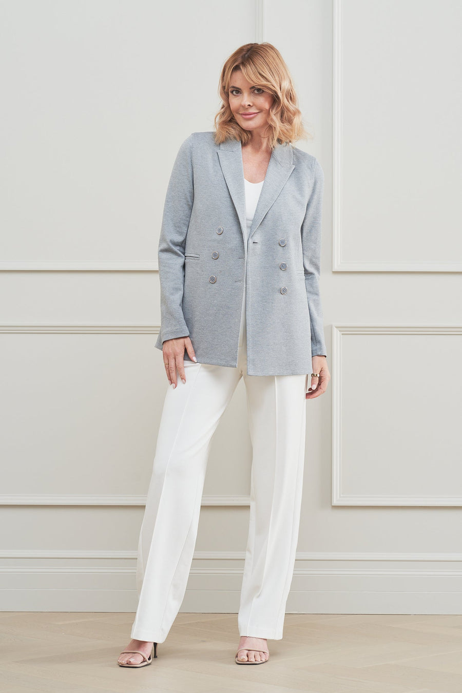 Grey blazer with white pants top
