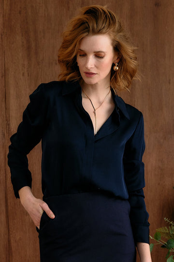 The Grace Silk Long Sleeve Blouse Navy