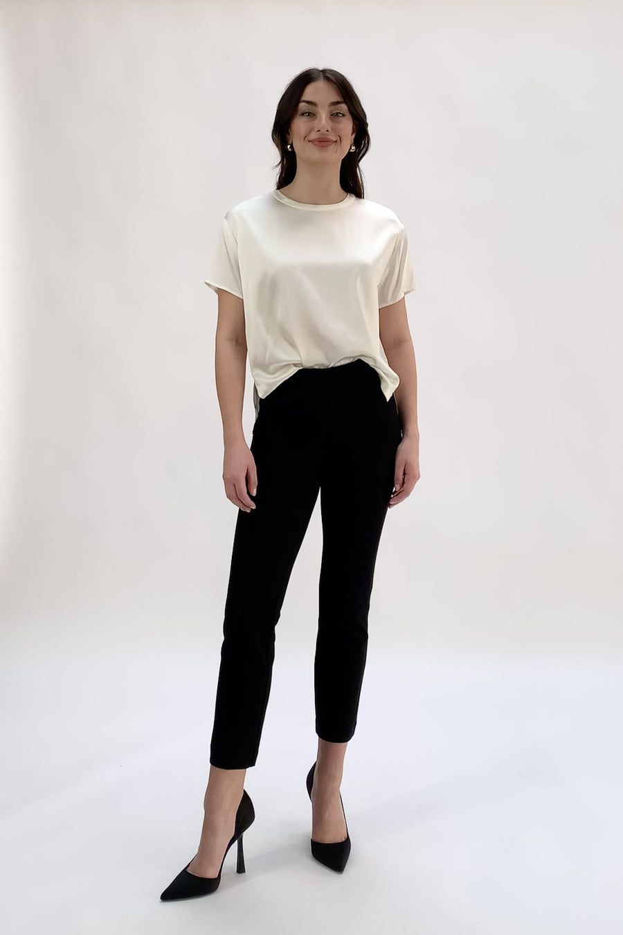 model wearing simple work outfit