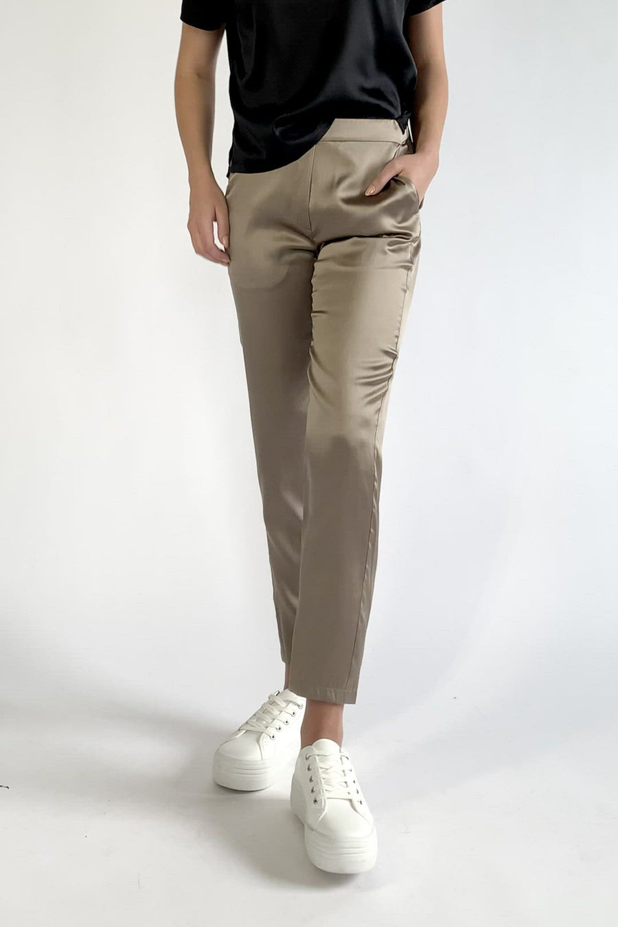 woman wearing silk work pants