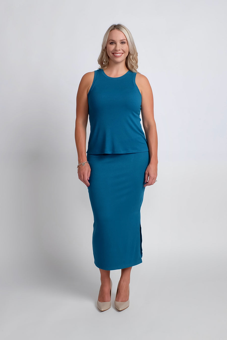 woman wearing classic blue work outfit