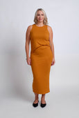 woman wearing casual work set in orange