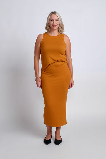 woman wearing casual work set in orange