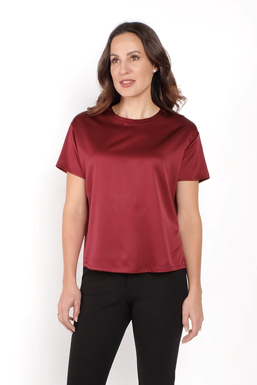 silk burgundy short sleeve work top