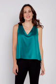 woman wearing silk turquoise sleeveless work top
