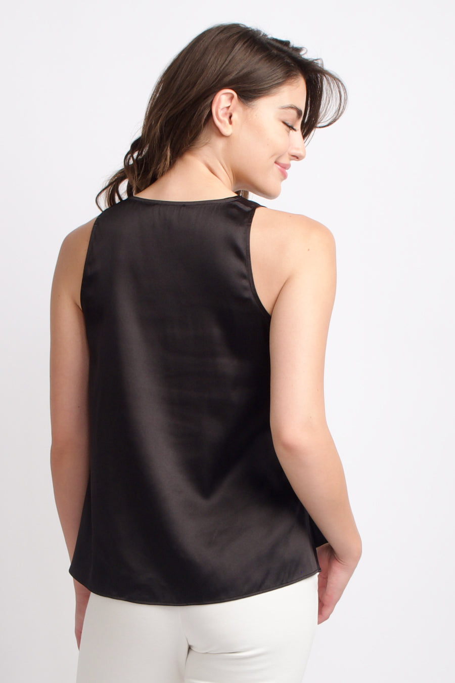 women's black silk sleeveless top