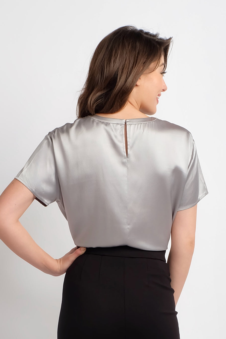 women's short sleeve silver silk top