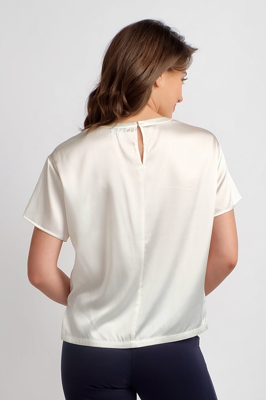 women's short sleeve silk ivory top