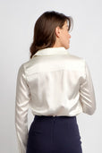 women's long sleeve button up ivory silk top