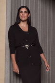woman wearing casual black work outfit