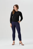 woman wearing black cardigan with navy blue pant