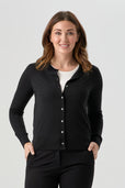 woman wearing black button up cardigan with black pant