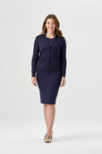 woman wearing navy blue button up cardigan with navy blue pencil skirt