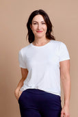 woman wearing white short sleeve work top